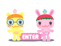 Pixel art contact sheet showing two animated frames of a yellow and pink cartoon character duo with an 'ENTER' sign, where the right frame includes Japanese text in a speech bubble.