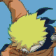 Animated sequence of a character with spiky yellow hair in various poses against blue background, including flying kicks and hand gestures.