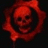 Red skull icon with gear-like border on black background, accompanied by red pixelated text fragments.
