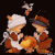 Pixelated cartoon-style icon showing two characters in brown and white outfits with a small bird above them on black background.
