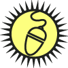 Yellow circular sun with black spiky rays; central yellow circle contains a black outline of an acorn with curved stem and striped nut.