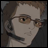 Pixelated anime-style character face with brown hair and glasses, next to stylized text on black background.