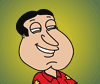 Animated cartoon character with large nose and chin, wearing red shirt with yellow collar accents, against green gradient background.