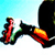 Pixelated static icon showing a red figure in motion with black limbs and green accents against light blue background, partially obscured by large dark shape on right.