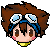 Pixel art contact sheet of three animated frames showing a chibi-style character with brown hair, goggles, and yellow collar against gray background.