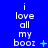 Blue background with white text reading 'i love all my booz' and small cyan symbols changing across three
