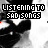 Animated icon with repeating black-and-white patterned background, text "LISTENING TO SAD SONGS" and "ALL ALONE", red heart symbols changing position across frames.