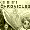 Pixel art image featuring 'RADIANT CHRONICLES' text above a central figure holding a large sword, with another character on the right and abstract background elements.