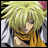 Pixelated anime-style character with spiky blonde hair and closed eyes, wearing a white robe and orange scarf against black background with text.