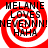 Red and white spiral background with black text reading "MELANIE LOVES NEVENNINNEVENNN! HAHA" in four identical quadrants.