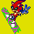 Pixelated character with red spines and blue accents rides green snowboard with pink edges against yellow background.