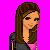Pixel art contact sheet showing two frames of a female character with long brown hair wearing black pants and top, pink accents on shoes and waistband, against bright magenta background with glitchy text "Princess Cutie Sweet".
