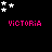 Pixelated icon with pink text "VICTORIA" and star symbols in white/pink on black background, showing animation changes across three