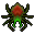 Two pixelated spider-like figures with red bodies, green lower sections, and dark brown limbs against a gray background.