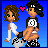 Pixel art of two characters holding hands with heart symbols above their heads, one character has a pink heart and the other white in alternating frames.