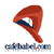 Red triangular shape with white and dark blue sections, positioned above pixelated text on a white background.
