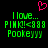 Pixelated green text on black background with pink heart symbol above, displaying 'I love... PINK! <888 Pokeyyyy' in two identical side-by-side