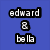 Blue background with pixelated text 'edward' above a checkered symbol and 'bella', next to two people in blue and gray clothing.