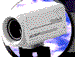 A white cylindrical object with a black circular opening rotates against a blue and white cloud-patterned background, viewed from multiple angles.