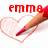 Red text 'emma' above a red pencil drawing a pink heart on white background.