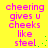Yellow background with pink pixelated text reading "cheering gives u cheeks like steel." and green pixelated dots scattered around the text.