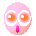Four pixelated pink icons with large orange eyes and white outlines, each showing distinct facial expressions against a gray background.
