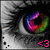 A close-up of a stylized eye with multicolored iris transitions, featuring four variations of colored '<3' symbols below the eye.