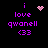 Pixelated purple text 'i love qwanell <33' on black background with animated pink heart and starburst symbols.