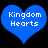 Two blue heart-shaped icons with white pixelated text reading 'Kingdom Hearts' on a black background.