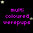 Black background with purple text reading 'multi coloured werepups' and scattered star icons in white, yellow, and dark grey.