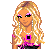 Pixel art contact sheet showing three frames of a cartoon character with blonde hair, pink accessories, and black-and-pink clothing against white background with text overlay.