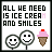 Pixel art icon with text 'ALL HE NEED IS ICE CREAM AND SMILES' and two smiling faces beside a pink ice cream cone, cycling through color variations.