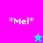*Mel* text in white pixelated font with asterisks on four colored backgrounds; two star icons alternate between cyan and magenta.