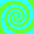Four identical spiral patterns arranged in a , alternating between cyan and lime green colors on a solid background