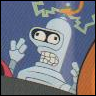 Static pixel art of a light blue robot with large eyes, bared teeth, and a raised hand against a blue background with partial green text.