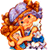Pixelated cartoon character with orange hair, purple hat, and blue bow tie holding a white object against a transparent background.