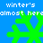 Pixelated green snowflakes on blue background with repeated text 'winter's almost here' in white pixel font.