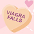 Pixelated heart-shaped candy with 'VIAGRA FALLS' text, pink background, and small floating hearts.
