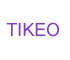 Purple pixelated text "TIKEO" above two purple bird-like figures on gray background, one standing, one flying with wings extended.