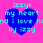 Blue heart-shaped icon with cyan text on pink background, displaying 'izzy= my heart and i love hand i love hilly izzy' in pixelated font.