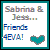 Pixelated icon with 'Sabrina & Jess... Friends 4EVA!' text and a heart symbol in teal, light blue, or green variants.