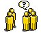 Pixelated yellow figures in groups with speech bubbles showing question mark, asterisk, and exclamation mark symbols.