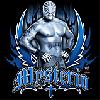 Static pixel art icon of a muscular silver humanoid figure with a mask, standing against dark background with blue wing-like shapes and stylized text below.