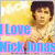 Pixelated image of a person with brown hair and light skin against a yellow gradient background, overlaid with blue text reading "I Love Nick Jonas" in pink-outlined letters.