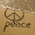 A beach scene with a peace symbol and the word 'peace' written in sand, next to footprints on wet sand under 'Summer 09' text.