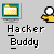 Pixelated icon shows yellow folder, white sphere, and teal monitor with 'Hacker Buddy' text below; animation cycles through folder/hand positions and monitor states.