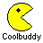 Static pixel art icon of a yellow Pac-Man-like character with a black star on its chest and the text "Coolbuddy" below it, set against a gray background.