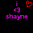 Pixelated text and symbols on black background: pink 'i', red heart, pink '<3', and 'shayne' with one frame showing a missing heart.