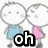 Two cartoon figures with round heads and stick limbs stand side-by-side, one in blue shirt and pink skirt, the other in light blue shirt and pink skirt, below bold text reading 'oh baby!' on white background.