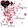 Two black heart shapes with dripping effects, a black arrow pointing right, and scattered red splatters on a white background with partial text fragments.